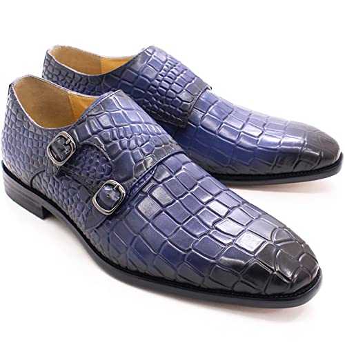 Men's Retro Italian Style Loafers Leather Monk Shoes Buckle Strap Slip-on Loafer Office Party Dress Shoes,Blue-42