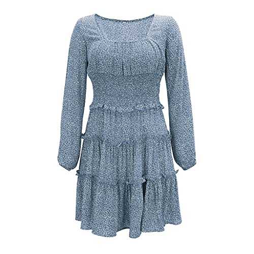 NMJKH Women Summer Floral Print Mini Dresses Spring Long Sleeve Elastic Ruffles Elegant Chic Dress Holiday (Color : Blue, Size : XXLcode)