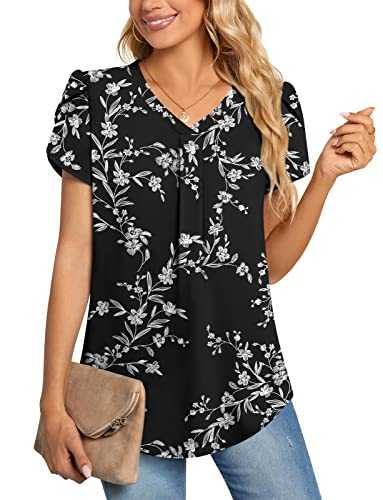 Aodemo Women Summer Dressy Chiffon Blouse Petal Short Sleeve/Sleeveless V Neck Tunic Tops Office Casual T-Shirt