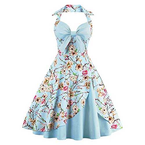 Women's Vintage Dress Ladies Cotton Sexy Retro 1950s Halterneck Rockabilly Swing Floral Print Tea Hem Party Skater A Line Prom Cocktail Party Homecoming Dress Plus Size UK 10-22