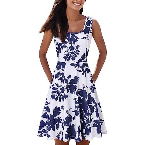 Summer Dresses for Women UK Clearance Casual Tunic Smocked Boho Dress Tank Sleeveless Knee Length Pleated Sun Dresses Floral Print Long Dress Ladies Midi Dresses Plus Size Sexy Party Dress