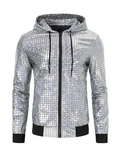 TURETRENDY Mens 70s Disco Metallic Jacket Hoodie Party Costume Shiny Nightclub Christmas Bomber