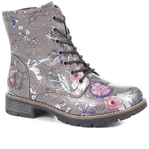 Pavers Distinctive Ladies Combat Ankle Boots in Grey Multi with Metallic Floral Print - Side Zip for Easy Wear - Full Lace-Up - Size UK 6 / EU 39
