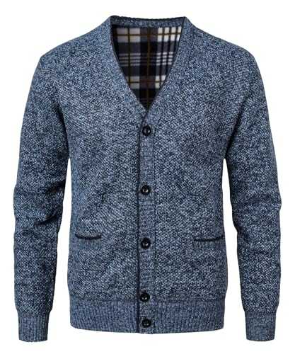 KTWOLEN Men's Cardigan Sweater Slim Fit Button Up Knitwear Fleece Lined Cardigans Long Sleeve Ribbed Knit Coat with Front Pockets