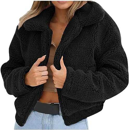 HAOLEI Women Faux Fur Sherpa Jacket Zip Up Fuzzy Fluffy Cropped Coat Winter Lapel Fleece Outwear Short Coats Y2K Teddy Shaggy Overcoat Ladies Sexy Plush Soft Outwear Ladies UK Clearance