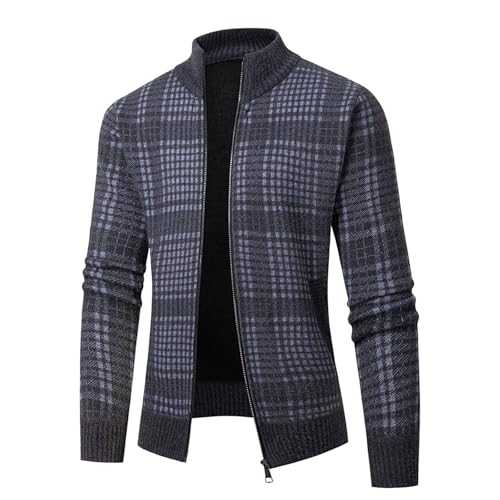 Men's Winter Fashion Pullover Jacket Long Sleeve Thick Stand-Up Collar Print Check Pullover Cardigan Men's Bomber Jacket