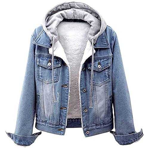 Nidddiv Winter Fleece Lined Denim Jackets Hooded Jean Coats for Women UK Plush Washed Denim Hoodie Vintage Button Down Drawstring Coat with Pockets Long-Sleeved Lightweight Thermal Thick Overcoat