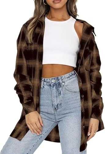 LACOZY Womens Flannel Checked Shirts Long Sleeve Oversized Buffalo Plaid Shirt Collar Button Down Blouses Tops