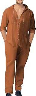 Cocila Men's Solid Cotton and Linen Suit,2025 UK Long-Sleeved Drawstring Button-Down Shirt, Loose Oversized Casual Pants Fashion Sweatsuit Breathable Tracksuit