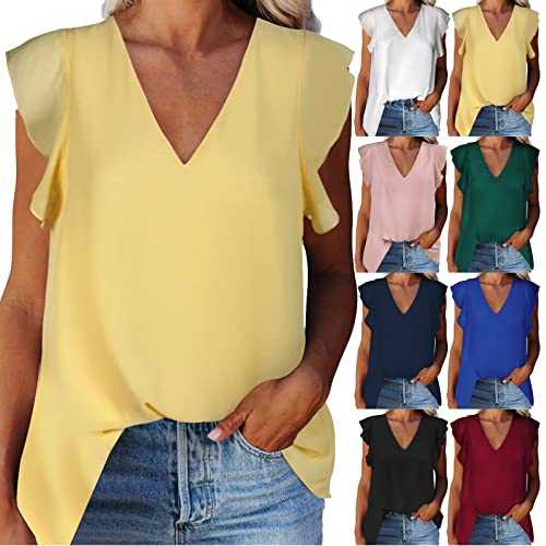 Women's Chiffon Tank Tops UK Elegant Plain V Neck Sleeveless Tops Puff Short Sleeve Tops Bussiness Dressy Tops