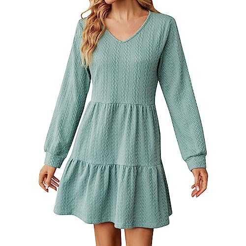 Dresses for Women Elegant Long Sleeve V Neck Mini Short Pleated Skirts Layered Jumpers Dresses Loose Casual Tunic Holiday Dress Ladies Evening Party Dress Club Wear Best Gifts for Friends