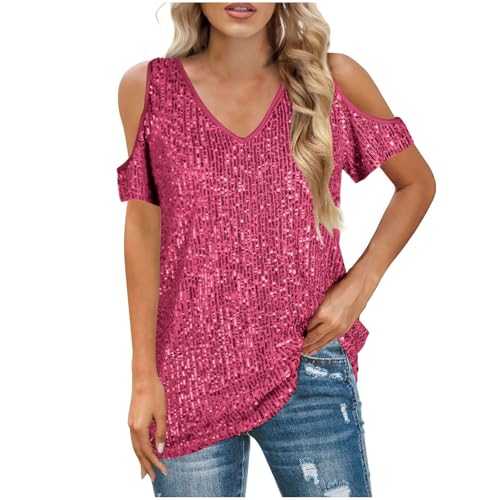 Keepink Sparkly Tops for Women UK Cold Shoulder Short Sleeve T Shirts Glitter Sexy V Neck Blouses Baggy Casual Tunic Top Shimmer Sequin Festival Party Shirt Going Out Pullover