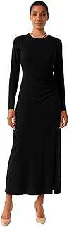 Women's Long Sleeve Maxi Dress, Elegant Brown Evening Gown, Side Ruched Design