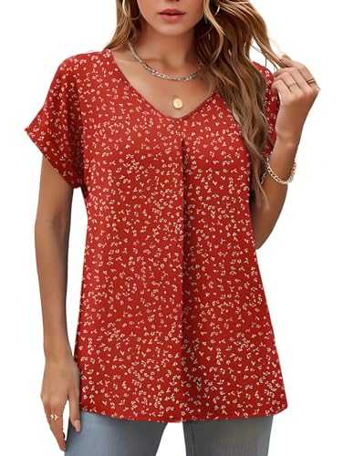 Anelune Womens Chifffon Blouses Elegant V Neck Rolled-up short sleeves Loose Shirts Summer Casual Ladies Tops