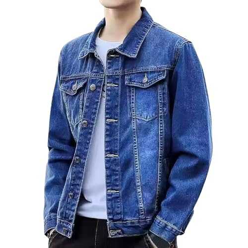 Caxndycing Men's Denim Jacket with Zip Denim Bomber Jacket Stand-Up Collar Cotton Slim Fit Denim Coat Basic Coat Jeans Transition Jacket Casual Outwear Baggy Denim Jacket for Men
