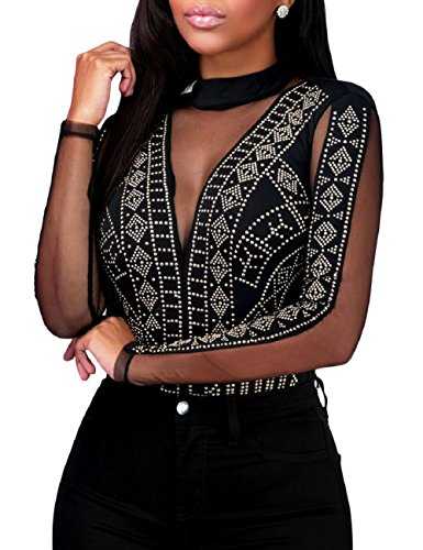 MAYFASEY Women Sheer Mesh Tops Stretchy Long Sleeve See Through Tee Shirt Blouse Clubwear