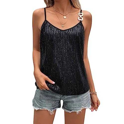 Womens Sequin Top V Neck Strappy Sparkle Camisole Glitter Sleeveless Tanks Tops Chain Strap Shimmer Cami Party Vest