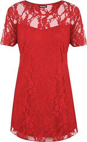 WearAll New Ladies Lace Lined Top Womens Plus Size Stretch Short Sleeve Top Sizes 14-28