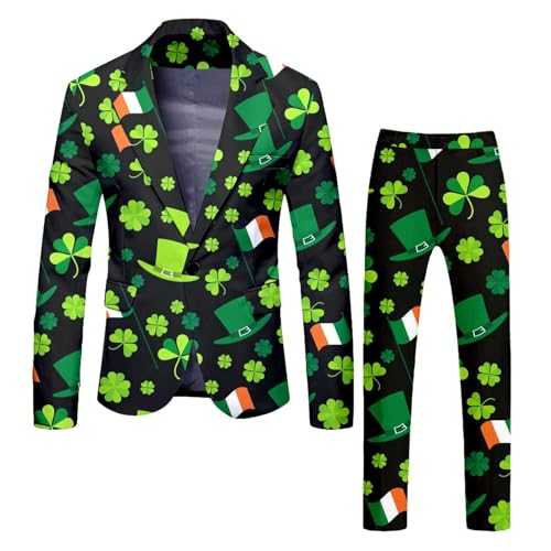 Men's Two Piece Suit Formal Blazer Suit Slim Fit Lightweight Long Sleeve Shamrock Printed Button Down Tunic Jeckets Straight Legs Pants Trousers Funny Novelty Suit St Patrick's Day Two Piece Outfits