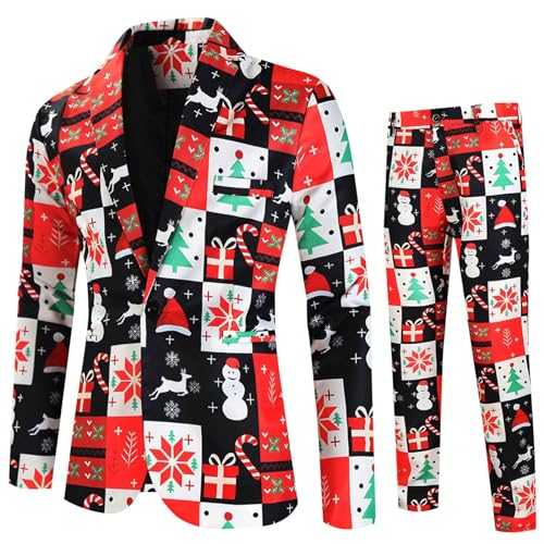 Men'S Christmas Color Printed Suit Two-Piece Suit Casual Fashion Button Lapel Long Sleeve Coat Long Pants Two-Piece Suit Buys Suit