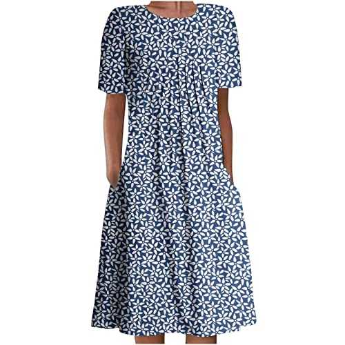 AMhomely Summer Dresses for Women UK Clearance Bohemian Print Short Sleeve Beach Dress Knee Length Dress for Special Occasions Ladies Maxi Dresses Plus Size Petite Sexy Dress UK Size, Dark Blue 2, 16