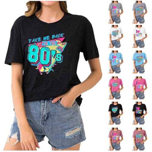 HOOUDO 80s T Shirts Women Retro Theme Party T-Shirt Oversized Round Neck Y2k Fancy Dress Costume Ladies Short Sleeve Summer Outfits Tops Blouse Tee