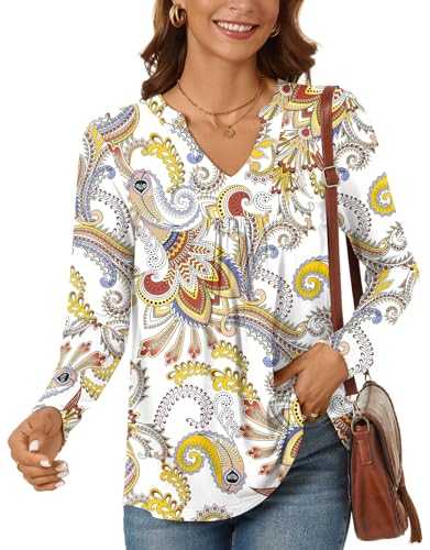 Bestbee Women's Long Sleeve Shirts Notch V Neck Pleated Tunic Tops Dressy T-Shirts Loose Fit Blouses for Leggings
