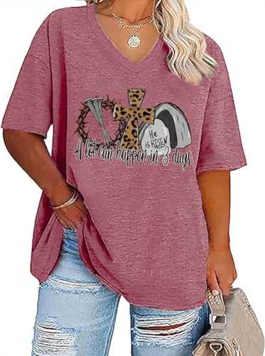 QIANRUO Plus Size Christian T-Shirt Women Retro Inspirational Graphic Tee Jesus Faith Shirt Casual Short Sleeve V-Neck Tops