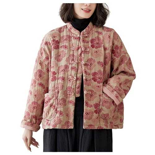 UNeedVog Women's Cotton Padded Coat Traditional Chinese Style Floral Jacket Loose Fit Quilted Cotton Warm