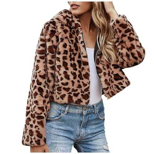 Zeiayuas Women's Faux Fur Cropped Jacket Fleece Shaggy Short Coat Sale Clearance Leopard Print Full Zip Hoodie Winter Soft Fluffy Fuzzy Outwear Ladies Shearp Fleece Jackets Warm Y2K Teddy Bear Coats