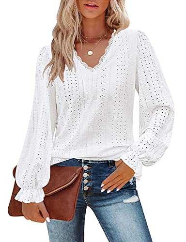 Flikity Womens Blouses Puff Long Sleeve Tops Women Lace Tops V Neck T Shirts for Women Fashion Tops Ladies Tunic Tops Women's Blouses and Shirts S-2XL