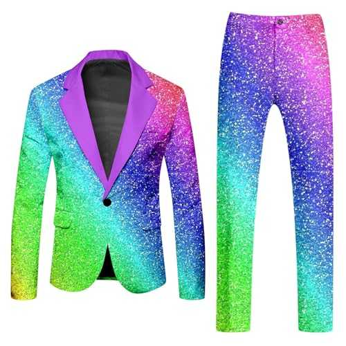 Fashionable Party Rainbow Suits 2-Piece Men's Suit Jacket and Suit Trousers Two Piece Men's Suits Rainbow Funky Suits Suit Neon Coloured Blazer Jacket Trousers Suits Slim Fit Clubwear Men's