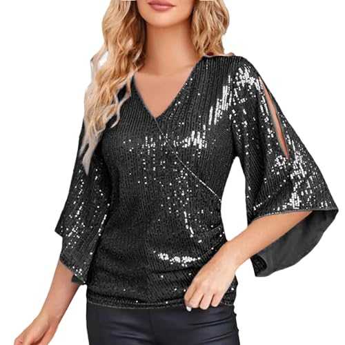 Full Sequin Tops for Women 3/4 Sleeve Ruffle Glitter Sparkly Blouse Fashion Wraped V-Neck Tops Elegant Ladies Solid Color Tee Shirts Fall Going Out Shirt Evening Party Tunic Tops