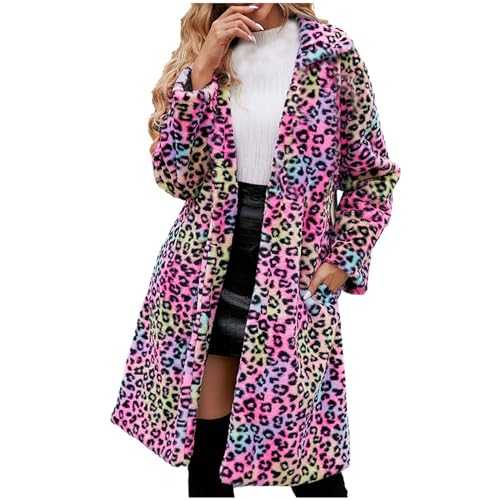 Ladies Womens Winter Fluffy Coat Faux Fur Jacket Vintage Faux Fur Leopard Print Mid-Length Parka Coat Outwear Long Sleeve Overcoat Loose Lapel Shaggy Cardigan Plus Size Faux Fur Jacket