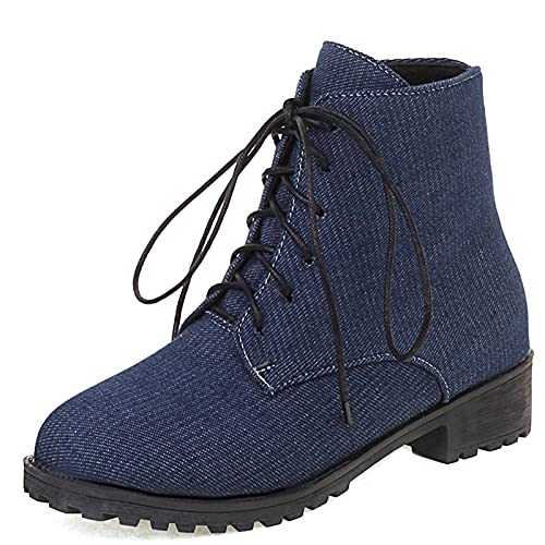 Women Ankle Denim Boots with Flat Heel and Rounded Toe