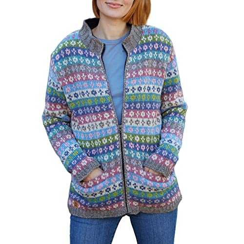 Pachamama Women Wool Zipped Jacket Fleece Lined Handknitted Fair Isle Stripe Design Pastel Blue Handmade Thick Thermal Extra Warm Pockets Coat Fair Trade