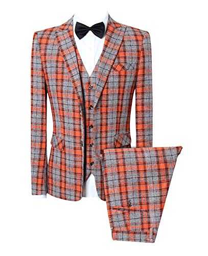 Mens One Button Slim Fit Three Piece Checked Suit Blazer+Waistcoat+Pants