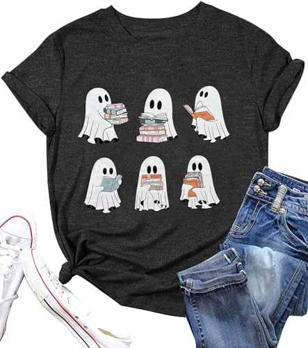Halloween Teacher Shirts for Women Reading Books T-Shirt Funny Teacher Librarian Halloween Party Tee Tops