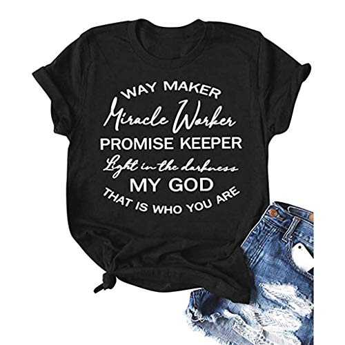 Women Way Maker Miracle Worker Promise Keeper Letter Print Tops Short Sleeve Graphic Tee T-Shirt Plus Size Blouse for Ladies UK Sale Summer Round Neck Short Sleeve Tops