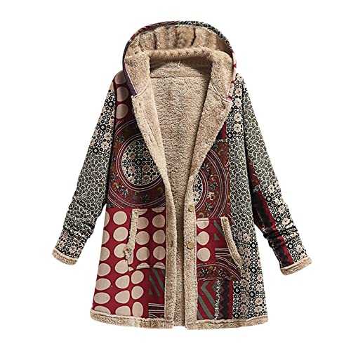 Keepink Winter Coats for Women UK Clearance Plush Thermal Buttons Long Outerwear Vintage Ethnic Floral Print Jackets Casual Linen Hoodies Warm Fleece Lined Trench Coat Plus 8-22