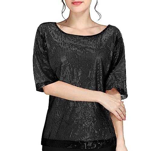 Short Sleeve Blouse Women's Shirt Women's Glitter Crew Neck Tops Beautiful Shiny Sequin Tops T-Shirt Elegant Festive Women's Blouse Fashion Evening Party Wedding Glitter Top Blouses Tunic