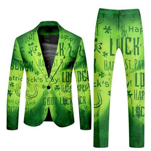 BIISDOST Party Suit Men's 80s - Suits St Patricks Day Costume Men's Suit 2-Piece Outfit Blazer + Trousers Suits with Clovers with Jacket Trousers Suits Print Slim Fit Men's Costume for Men