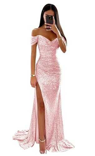 Sparkly Sequin Mermaid Prom Dresses 2024 Off Shoulder Pleated Long Ball Gown V Neck Evening Party Gown with Slit