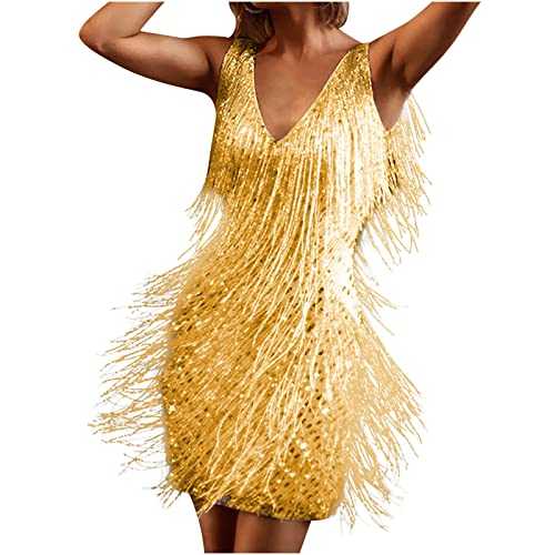 Women Tassel Evening Dress Flapper Dress Fringe Latin Dance Dress for Ladies Vintage Cocktail Party Dresses Club Wear Sexy Deep V Neck Sleeveless Mini Dresses Bodycon Short Dress Ballroom Costumes