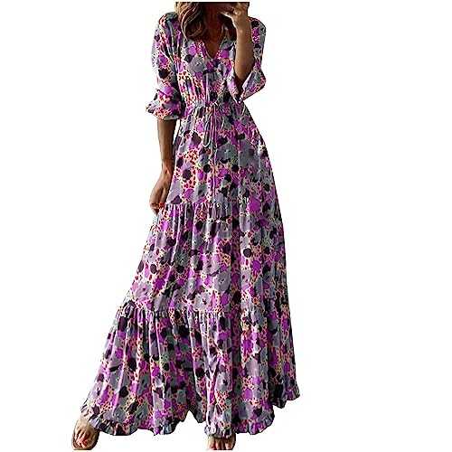 Summer Dresses for Women 2024 Party Elegant Boho Floral Print Dress V-Neck Half Sleeve Maxi Dresses Ladies Trendy Tunic Dresses Beach Holiday High Waist Swing Flowy Sundress Long Dresses Plus Size