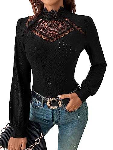 GORGLITTER Women's Eyelet Lace Long Lantern Sleeve Tops Mock Neck Skinny Cut Out Blouse T Shirt