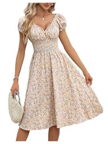 GORGLITTER Women's Floral V Neck Flared Flowy Dresses Puff Short Sleeve Smocked A Line Midi Holiday Dress