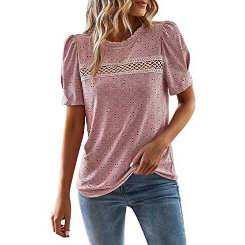 Women Casual Crew Neck Solid Color Blouse Jacquard Hollow Lace Short Sleeved Top Womens Cotton Workout Shirt