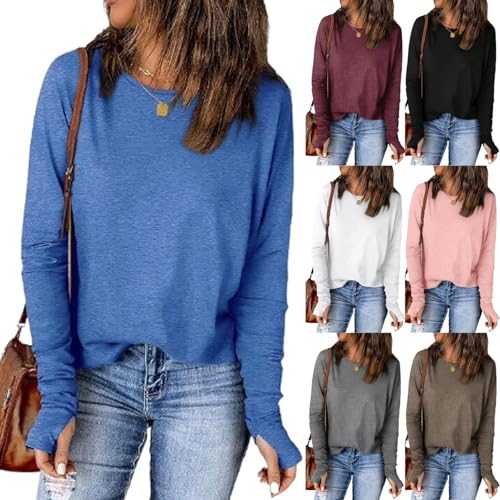Keepink Ladies Tops UK Long Sleeve Tunic Tops to Wear with Leggings Women T Shirts Solid Round Neck Jumpers Loose Dressy Casual Blouse Going Out Shirts Pullover Thumb Holes Tshirts