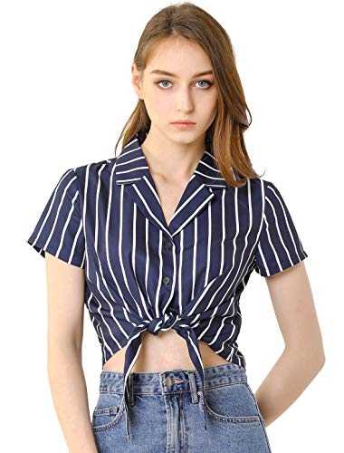 Allegra K Women's Striped Button Up Short Sleeve Tie Front Crop Shirt